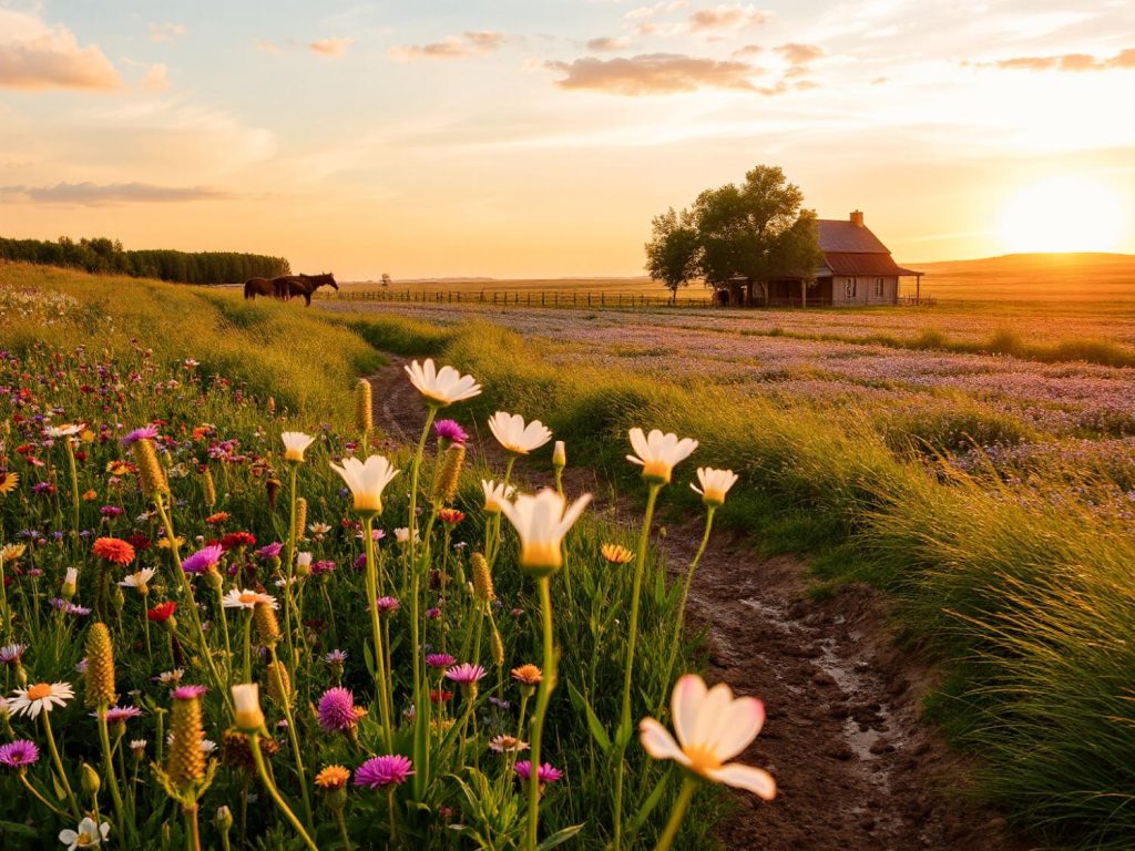 The sunset casts a warm glow over vibrant wildflowers and grazing horses; picture-perfect for a rustic fashion shoot or bohemian trend inspiration.