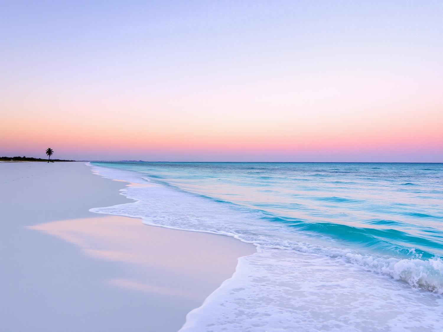 Sunrise serenity: gentle waves on a sandy shore with pink and orange hues. Lone palm tree adds a tropical style, perfect for resort wear inspiration.