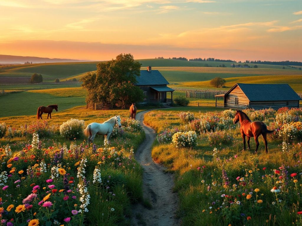 A tranquil countryside sunset scene features horses grazing by a rustic cabin among wildflowers—perfect for styled travel and adventure.