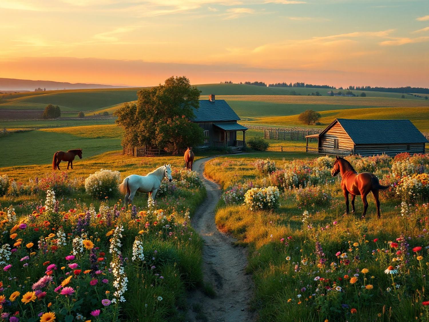 A tranquil countryside sunset scene features horses grazing by a rustic cabin among wildflowers—perfect for styled travel and adventure.