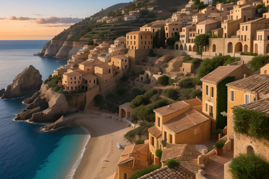 A sunset paints a coastal village with terracotta roofs in warm hues, echoing the cozy elegance of terracotta fashion trends.