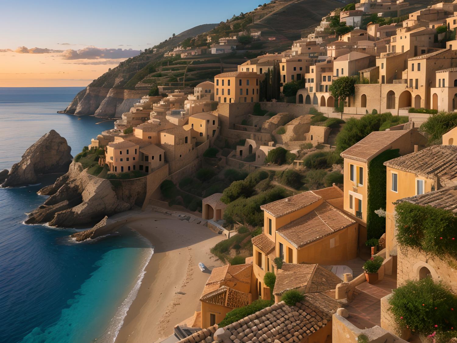 A sunset paints a coastal village with terracotta roofs in warm hues, echoing the cozy elegance of terracotta fashion trends.