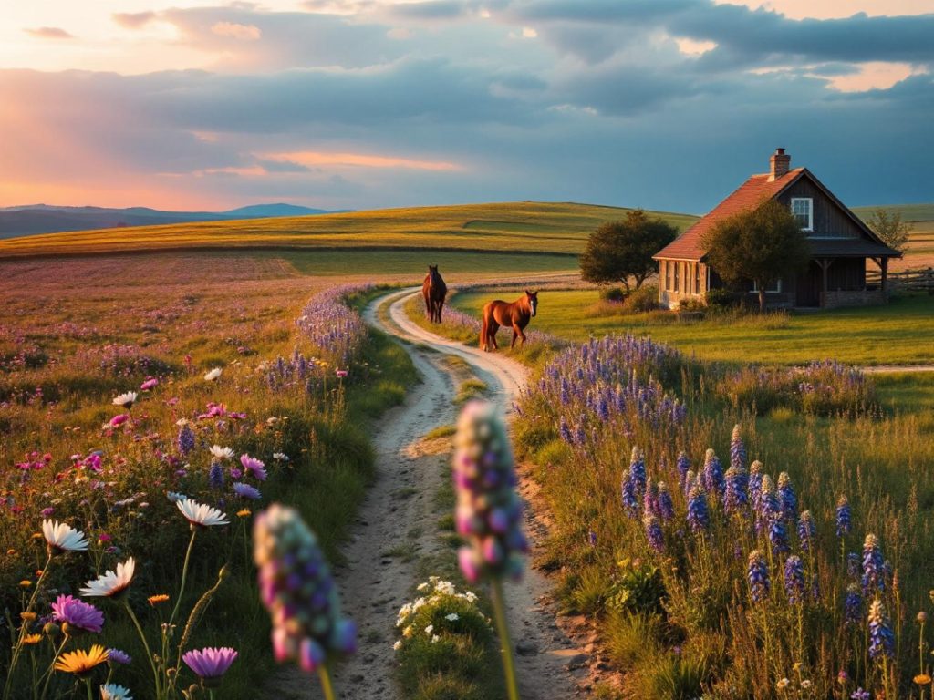 A dirt path winds through vibrant wildflowers to a quaint house, with horses basking in golden light. Perfect for adventure seekers, the scene evokes the spirit of Herschel Supply's Durable Travel Collection.