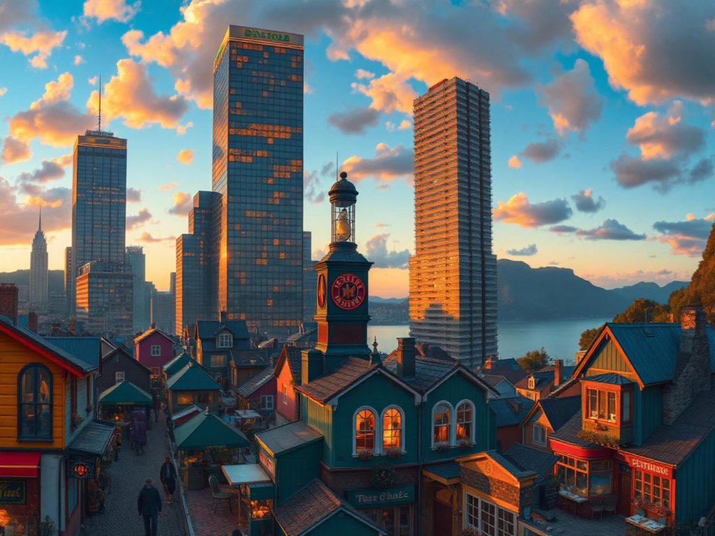 A sunset cityscape combines modern skyscrapers with colorful vintage buildings, evoking Herschel Supply's timeless travel collection style.