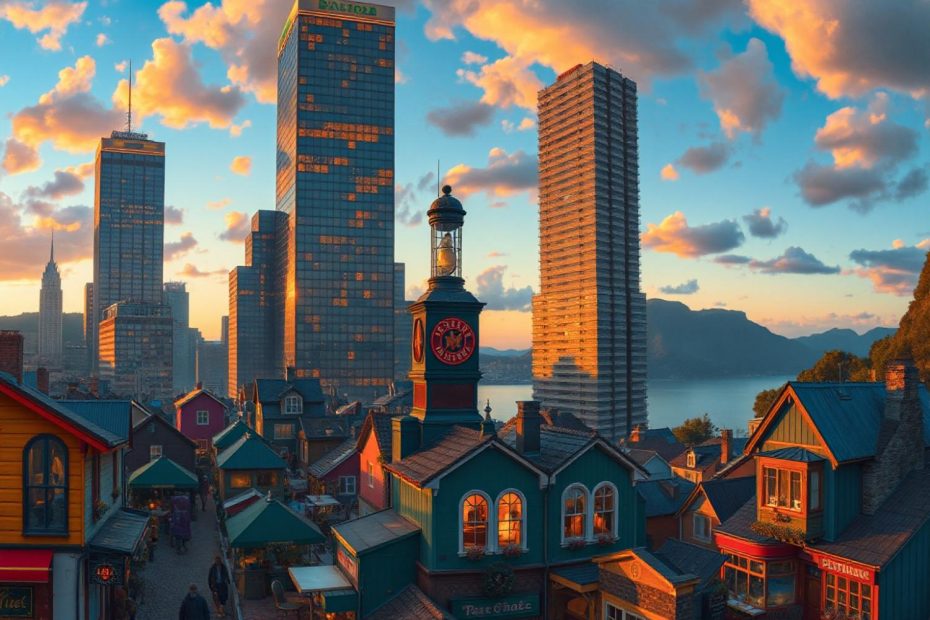 A sunset cityscape combines modern skyscrapers with colorful vintage buildings, evoking Herschel Supply's timeless travel collection style.
