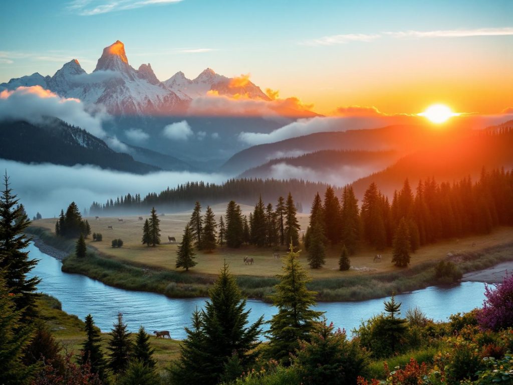 A breathtaking sunrise over snow-capped peaks sets a picturesque backdrop for an eco-fashion trend: nature-inspired hues and textures.