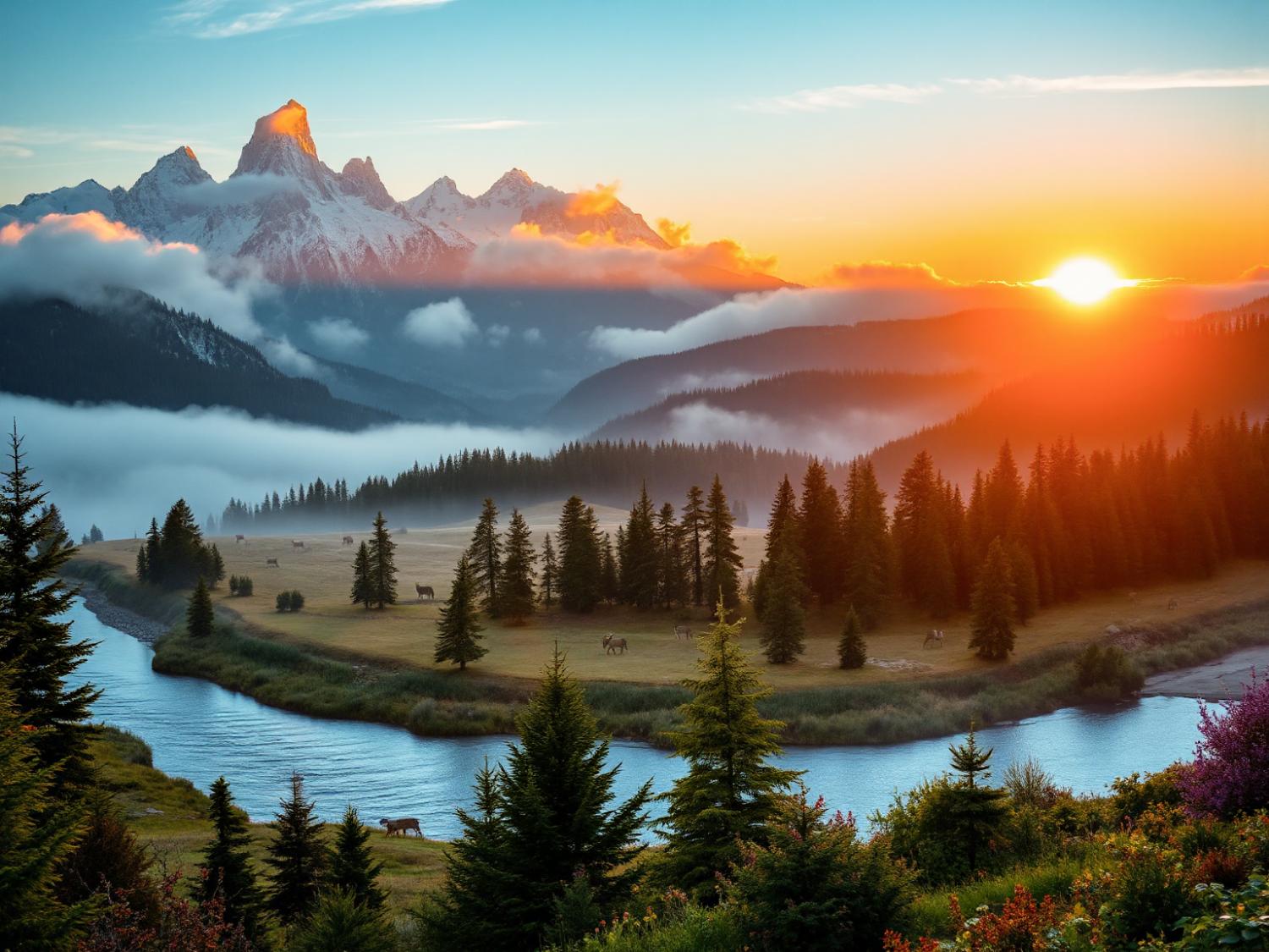 A breathtaking sunrise over snow-capped peaks sets a picturesque backdrop for an eco-fashion trend: nature-inspired hues and textures.