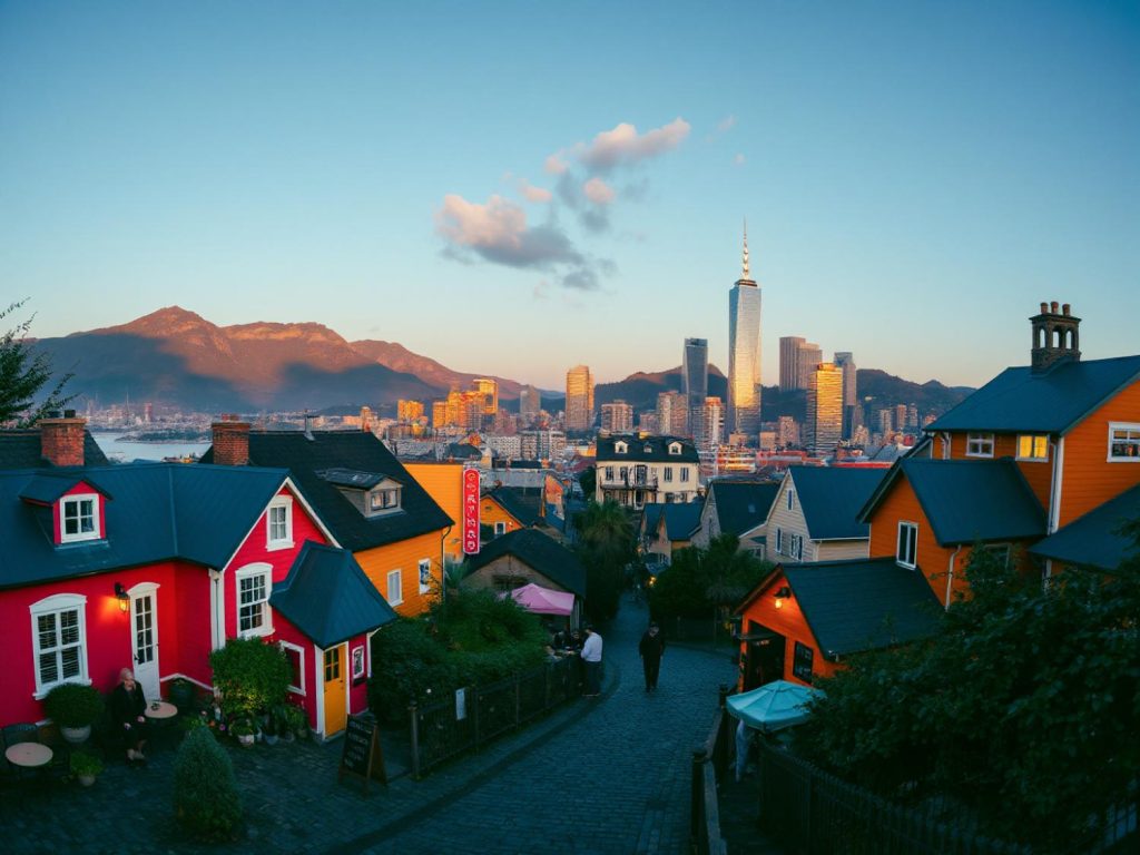 A vibrant fusion of rustic charm and urban chic: Tourists explore colorful village homes, set against a sunset-lit city skyline and mountains.