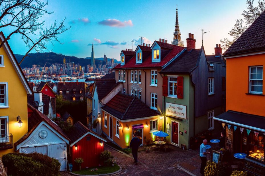 A charming village street at dusk, with colorful houses and glowing windows. In the background, a skyline sparkles under twilight – classic chic meets urban glam.