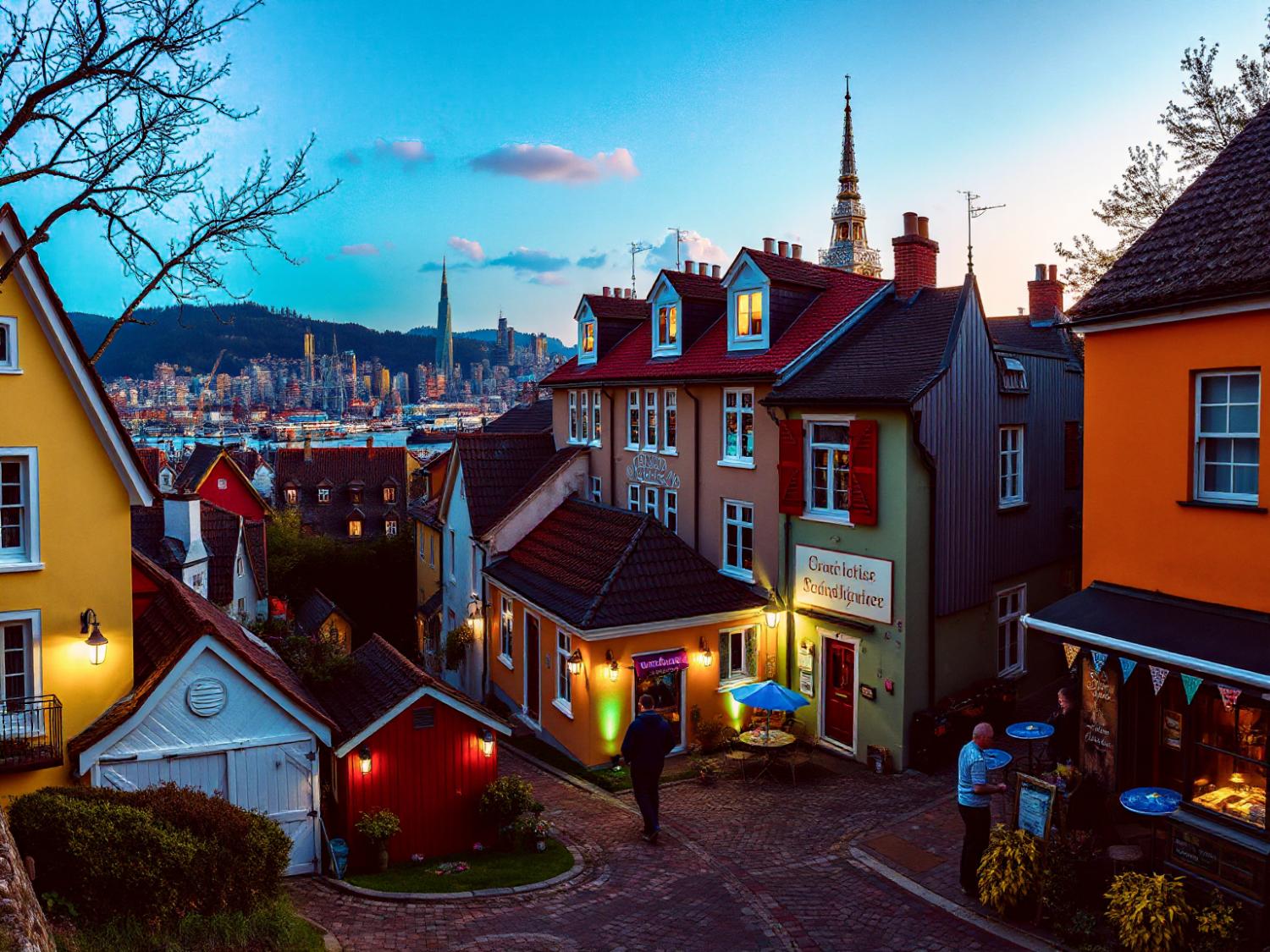 A charming village street at dusk, with colorful houses and glowing windows. In the background, a skyline sparkles under twilight – classic chic meets urban glam.
