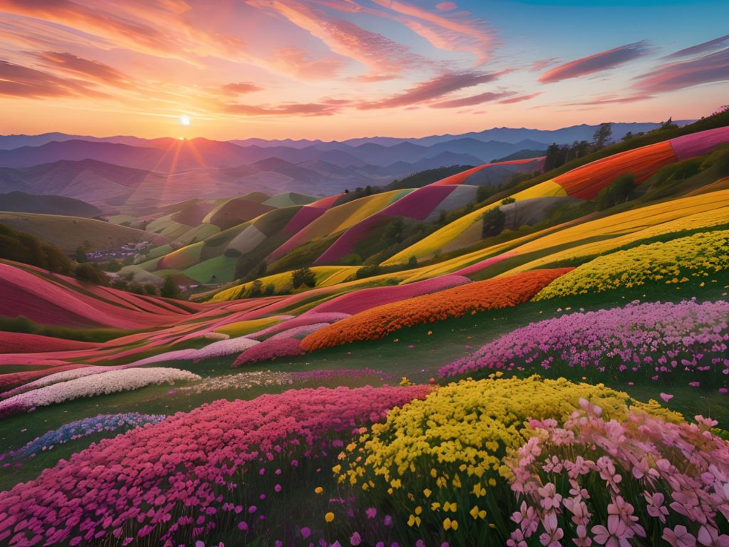 A stunning symphony of colors—rolling hills draped in pink, yellow, orange, and purple blooms—echoes the season’s floral fashion trends.