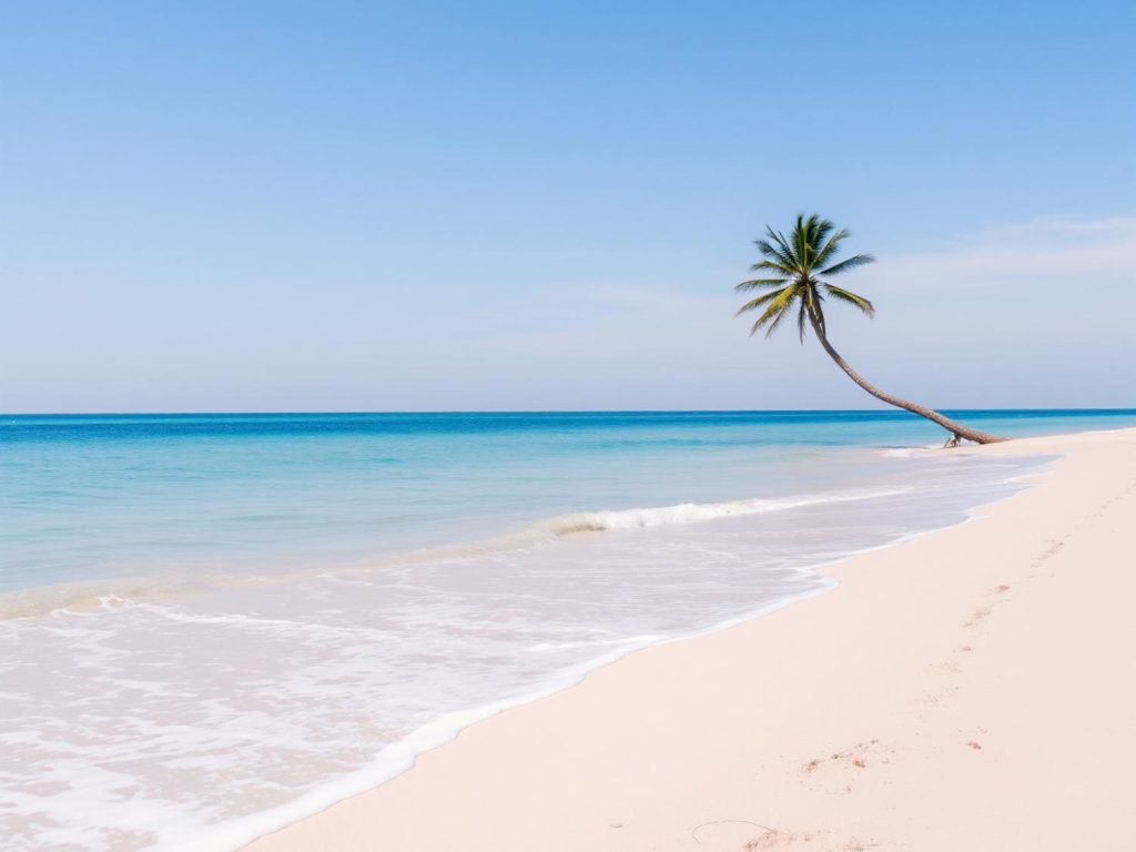 A graceful palm arches over a tranquil sandy beach, embodying serene elegance. Ideal for travel fashionistas craving sun-kissed relaxation.
