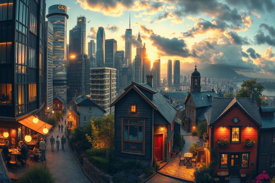 A harmonious blend of rustic charm and modernity: Village scene with sunset dining on cobblestone streets against a Gen 6 Hybrid skyline.