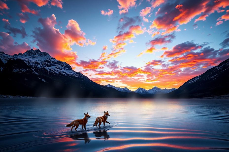 Two foxes elegantly tread through a mirrored sunset landscape, embodying nature-inspired hues trending in fashion.