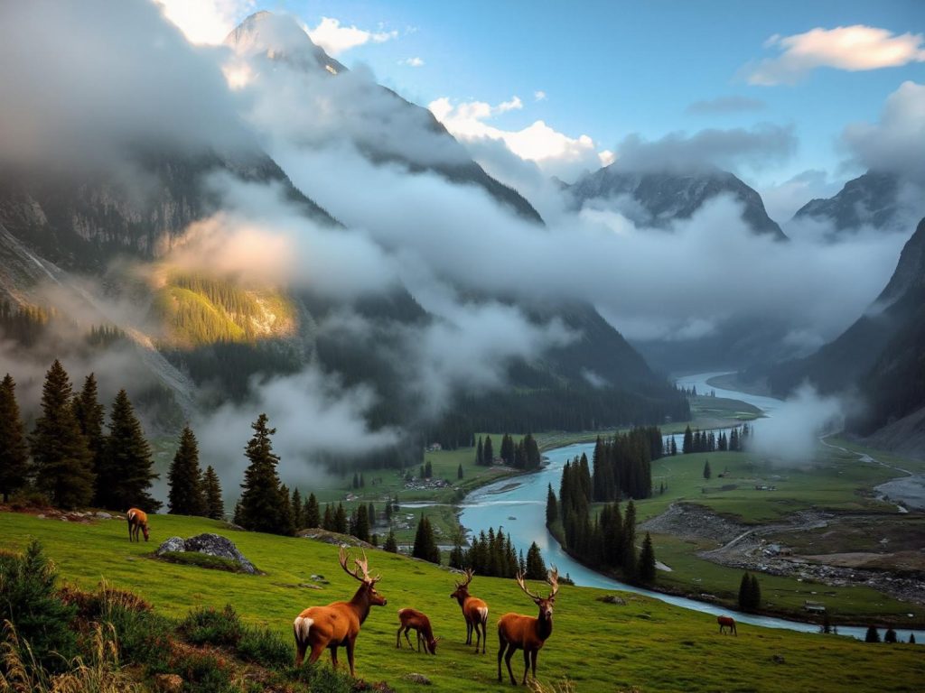 A serene mountain valley enchants with a meandering river and grazing deer, inspiring earthy tones in sustainable fashion trends.