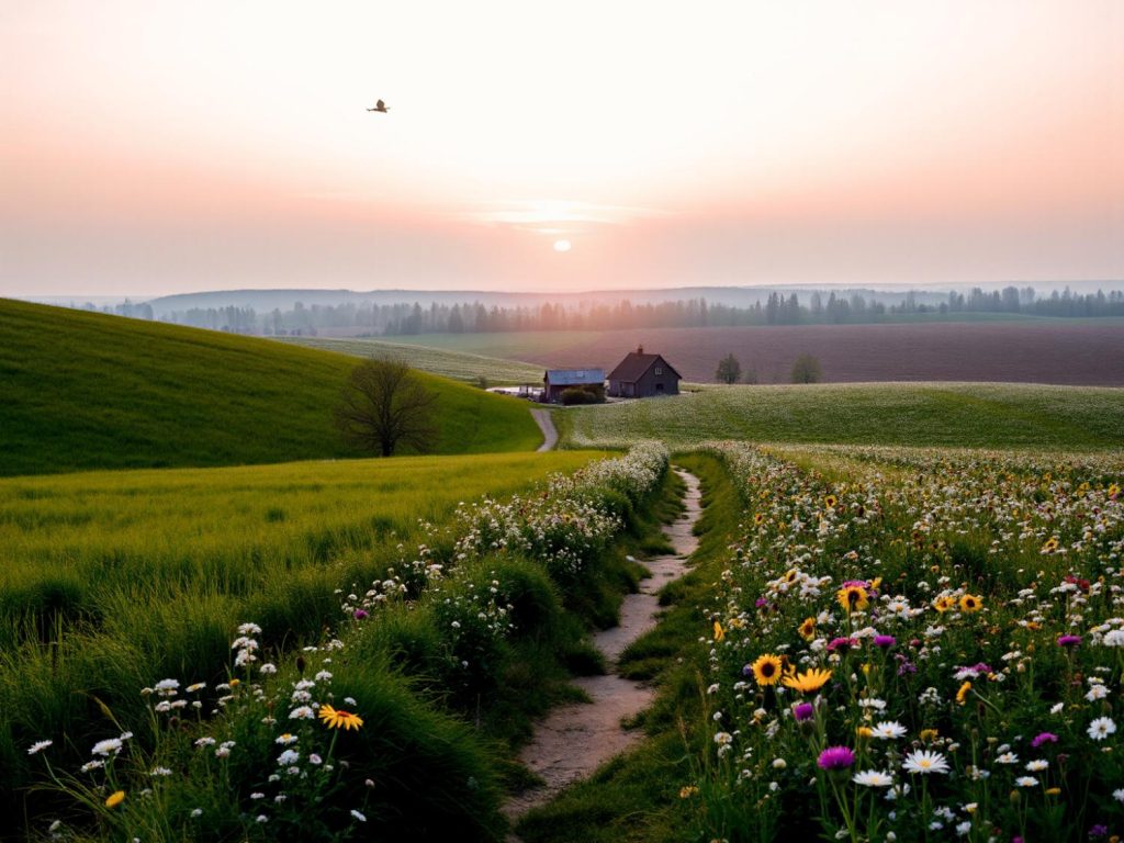 A lush countryside at sunrise, wildflowers dot a path much like the elegant woven details in a trending designer handbag strap.