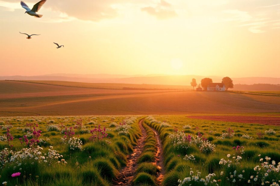 A picturesque sunset over a floral path leads to a farmhouse, ideal for shooting with your Peak Design micro clutch camera. Embrace rustic style!.
