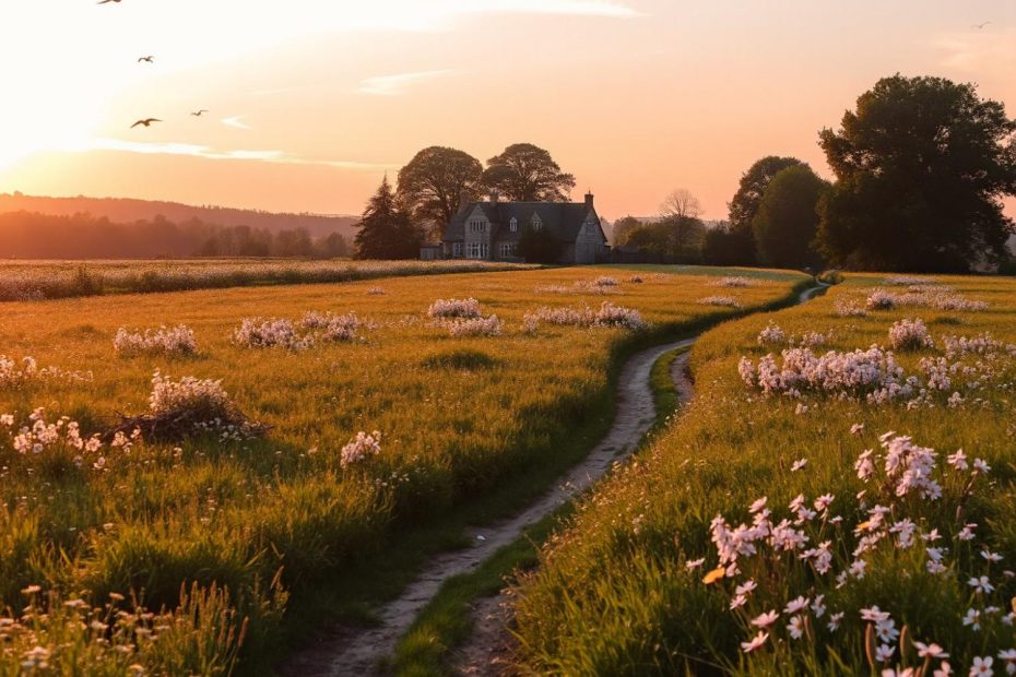 A sunset glow casts charm over a countryside path and white blooms—perfect for wanderlust with your Mason EDC pouch crossbody.