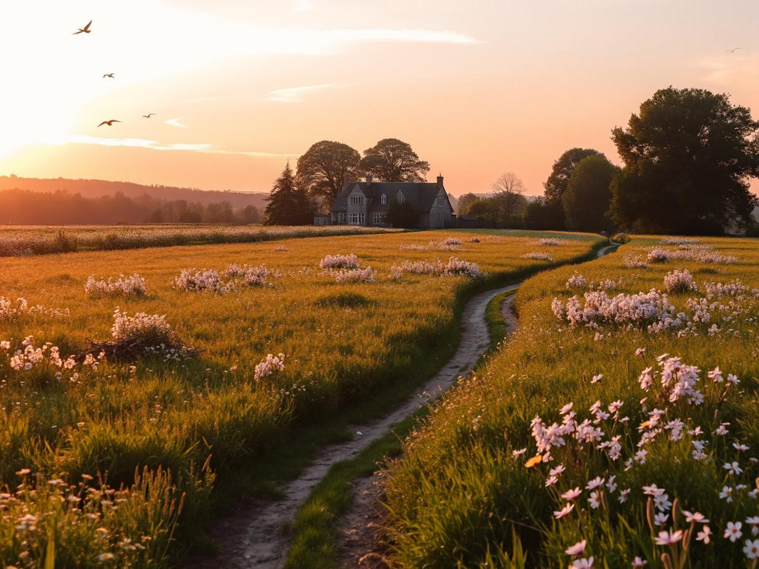 A sunset glow casts charm over a countryside path and white blooms—perfect for wanderlust with your Mason EDC pouch crossbody.
