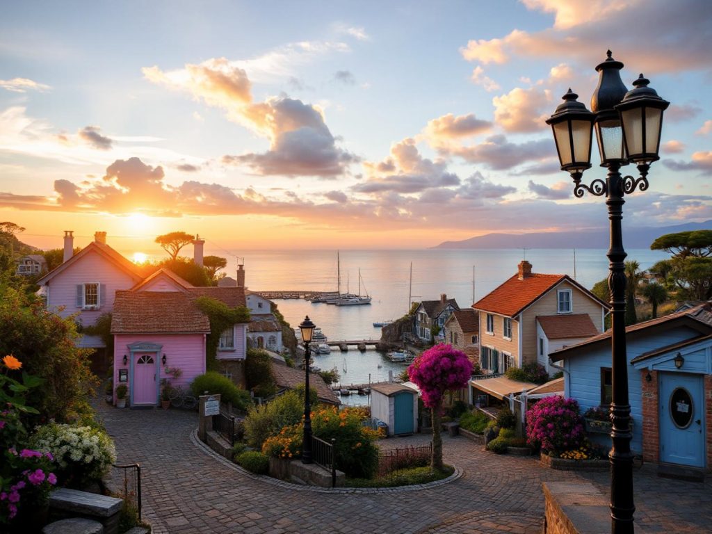 A serene seaside village at sunset, showcasing eco-friendly fashion essentials for a chic sustainable capsule wardrobe.