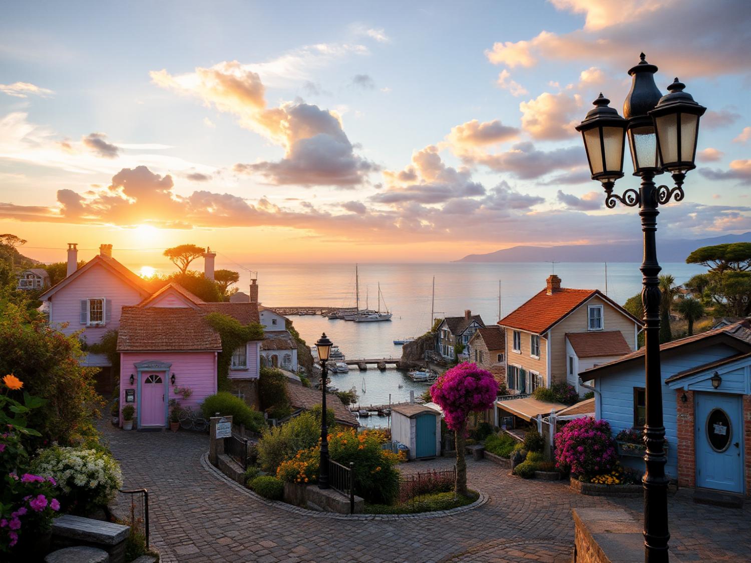 A serene seaside village at sunset, showcasing eco-friendly fashion essentials for a chic sustainable capsule wardrobe.
