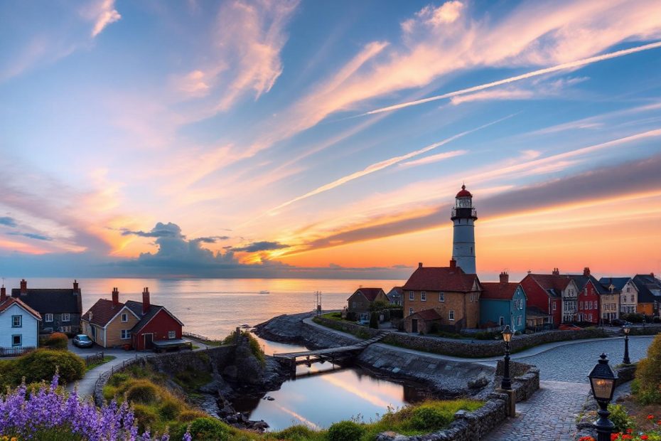 A stunning coastal village glows at sunset; colorful houses and the Litebeam Collection lighthouse stand as style icons by the tranquil sea.