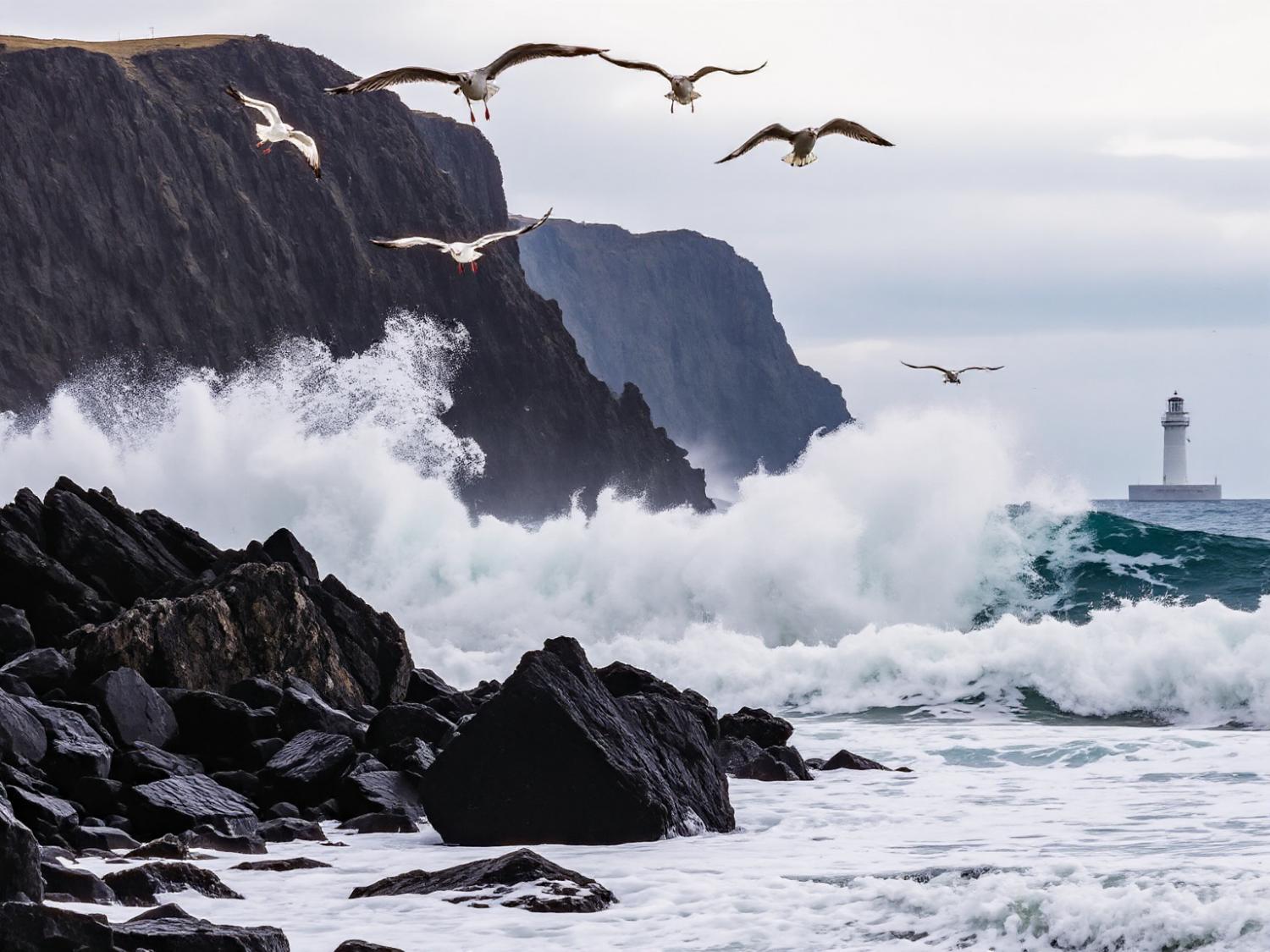 Seagulls soar over waves near a lighthouse, echoing the rugged allure of nylon crossbody bags for chic coastal expeditions.