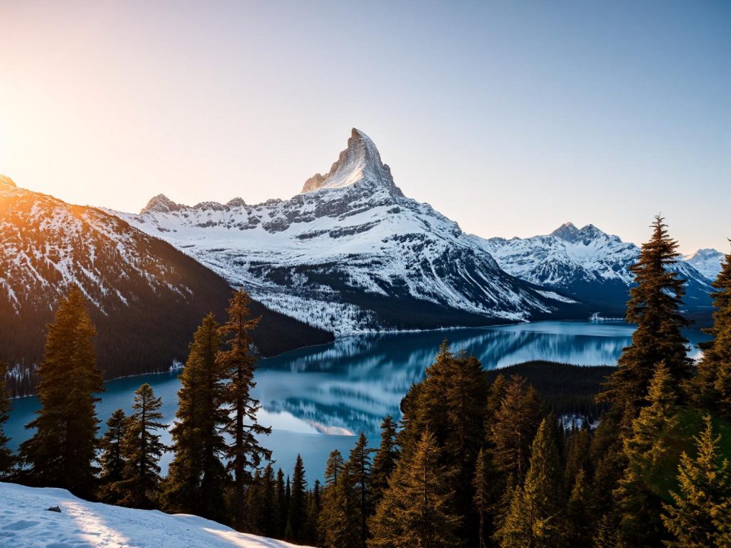 A majestic, snow-capped peak mirrored in a calm lake at sunset echoes the allure of a Leia Lume Pad 2—where style meets stunning visuals.