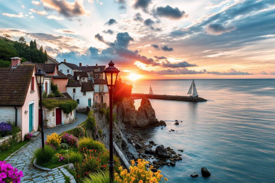 A coastal village sunset with thatched cottages, vibrant blooms, and sailboats; locals flaunt eco-friendly fashion in vivid, sunset-inspired hues.
