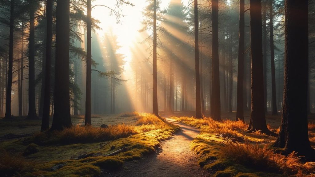 Sunlit pine trees illuminate a mossy forest path, ideal for an urban explorer. Your Herschel Backpack perfectly complements this serene retreat.