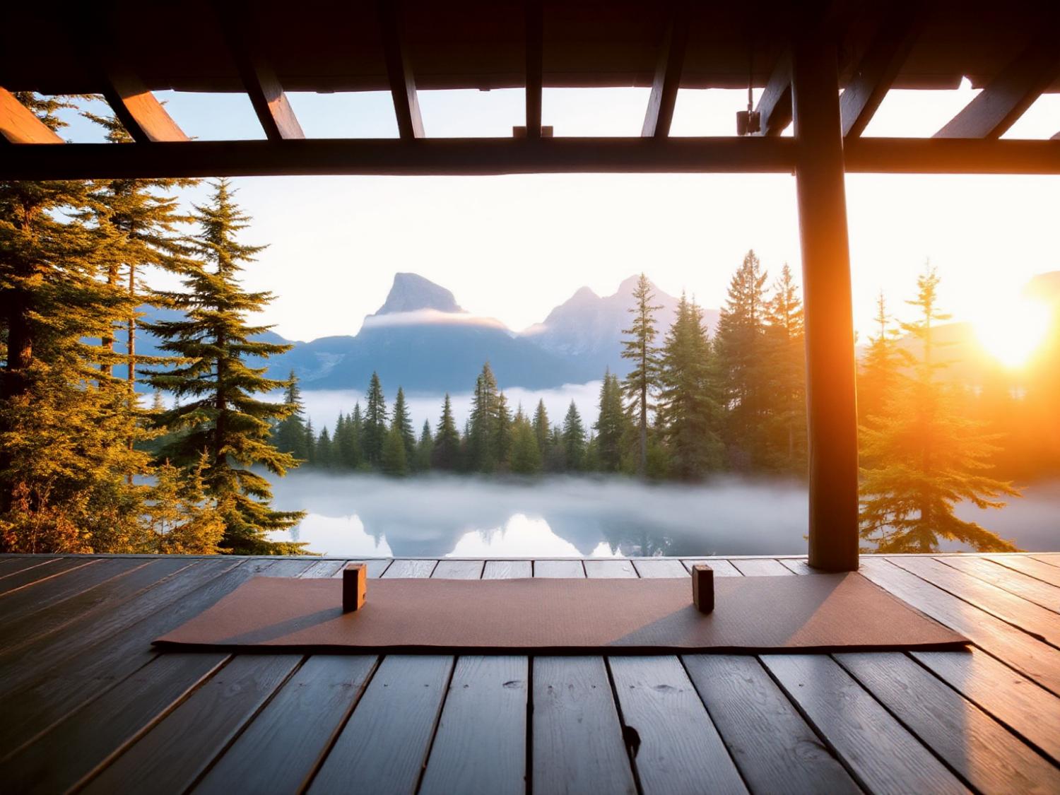 A serene alpine sunrise over a misty lake sets the stage for mindful yoga practice. Spotlight on the trendsetting Ultimate Backpack: fusion of style and function.