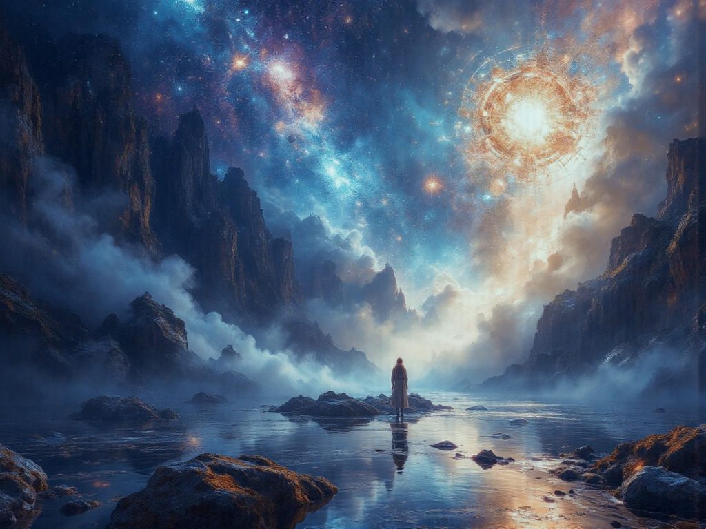 In the futuristic realm of 2025, a fashion-forward figure poses amidst majestic rocks, under a luminous cosmic sky—a celestial style trend.