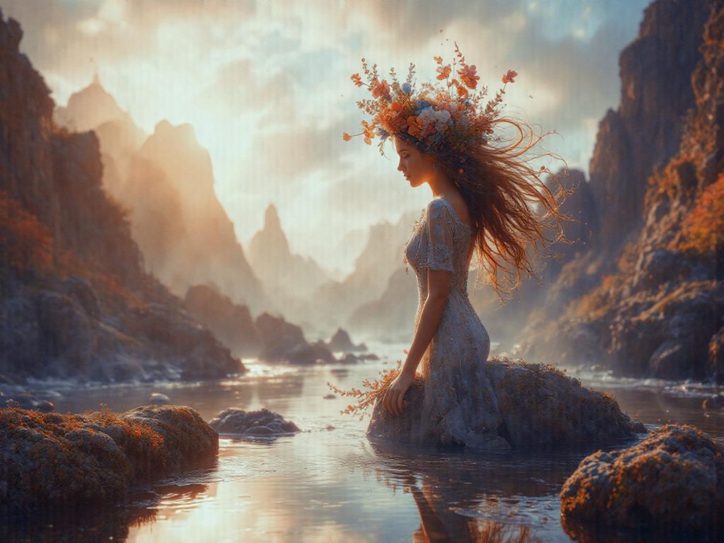 A woman in a lace gown and floral headdress kneels in a sunset-lit river, her long hair flowing as she embodies ethereal bohemian style.