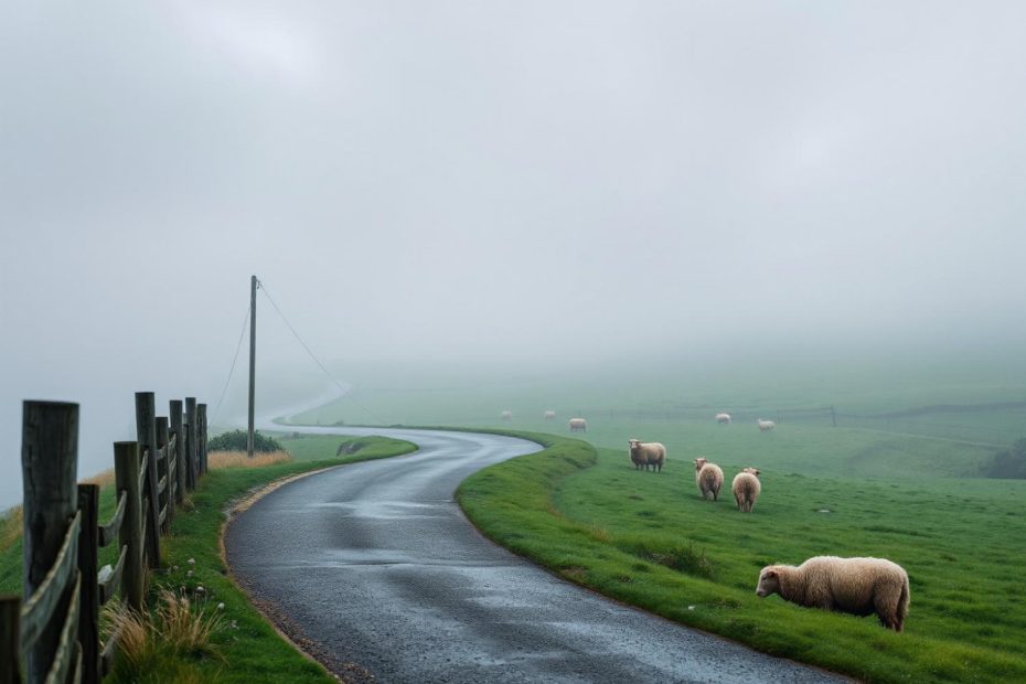 On a misty rural road, sheep graze peacefully as a sleek Timbuk2 Vapor Crossbody Bag adds a stylish touch to the tranquil landscape.