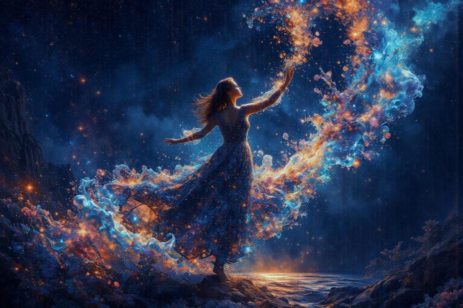 A woman elegantly dons a flowing dress, merging with swirling blue and orange lights, evoking a trend of magical energy in evening wear.