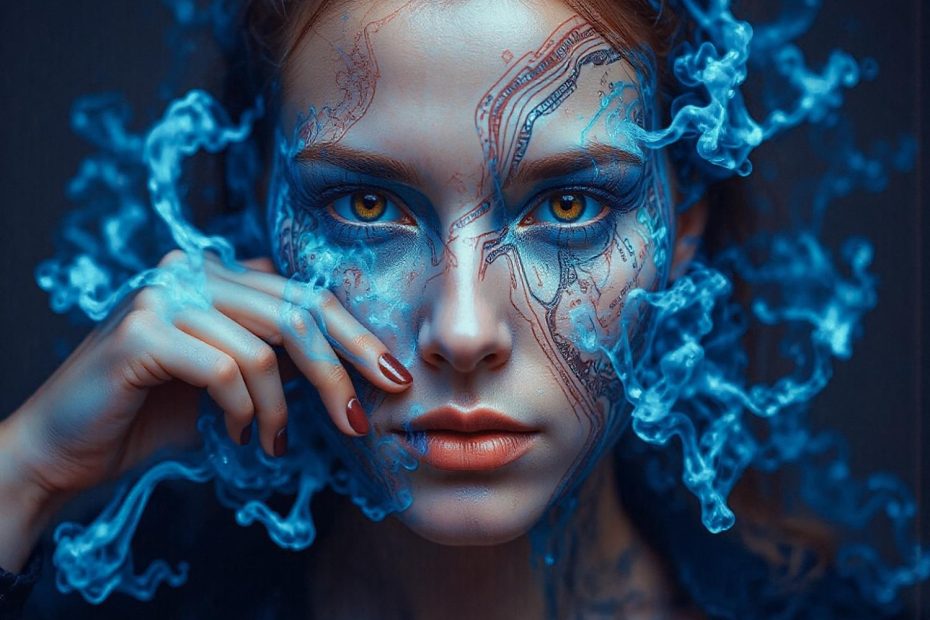 A woman with striking yellow eyes and intricate blue face paint captivates amidst ethereal blue smoke, echoing the mystical allure of CORE Gaming Tactical Backpack designs.