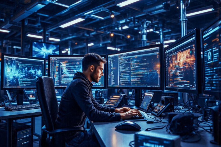 Amidst futuristic lighting, a coder is engrossed in screens of code. Nearby, their sleek Mobile Edge Deluxe Duffel hints at tech-savvy travel style.