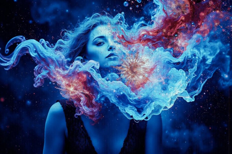 A woman exudes serenity amidst swirling blue and red cosmic clouds, embodying a captivating fusion of ethereal style and dynamic color trends.