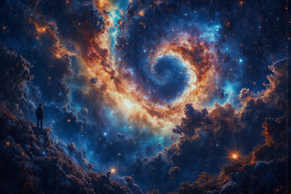 A figure on a rocky cliff gazes at a vibrant galaxy, embodying the cosmic fashion trend with swirling blue, orange, and white hues.