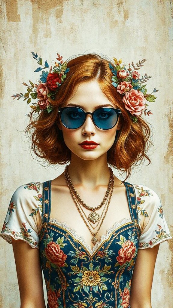A woman with wavy red hair radiates elegance in blue sunglasses and a floral dress, accessorized with a matching headpiece and layered necklaces.