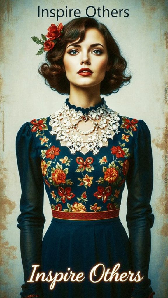 A chic woman with short, wavy hair and a red floral accessory dons an embroidered dress; "Inspire Others" graces the vintage backdrop.