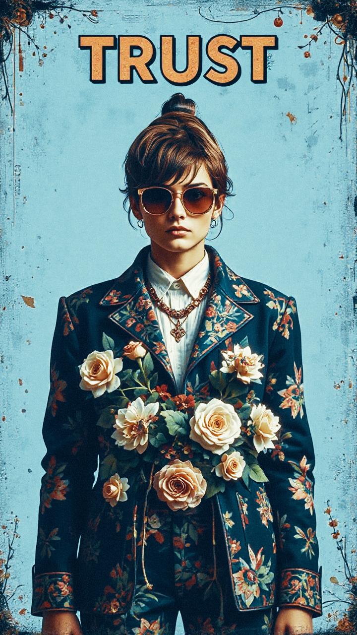 A chic individual in a floral suit with cream roses and bold sunglasses exudes vintage flair against a textured blue backdrop reading "TRUST".