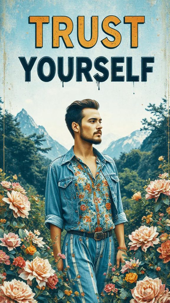 A stylish man in denim and a floral shirt stands among vibrant blooms with mountains behind him. "Trust Yourself" highlights his confidence.