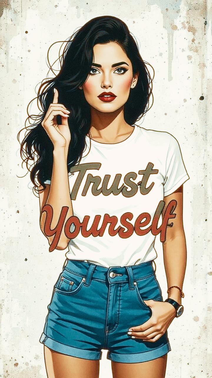 Illustration of a confident woman with long dark hair, in a "Trust Yourself" tee, red lips, blue high-waisted shorts, and stylish watch. Fashion meets empowerment.