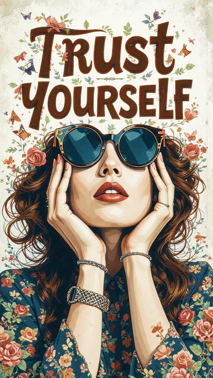A vibrant fashion statement: a woman with bouncy curls and bold floral earrings confidently showcases oversized sunglasses and vivid red lipstick.