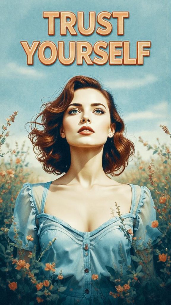 A stylish woman with short red hair in a chic blue dress stands confidently in a flower field, under the motto "TRUST YOURSELF" in bold orange.