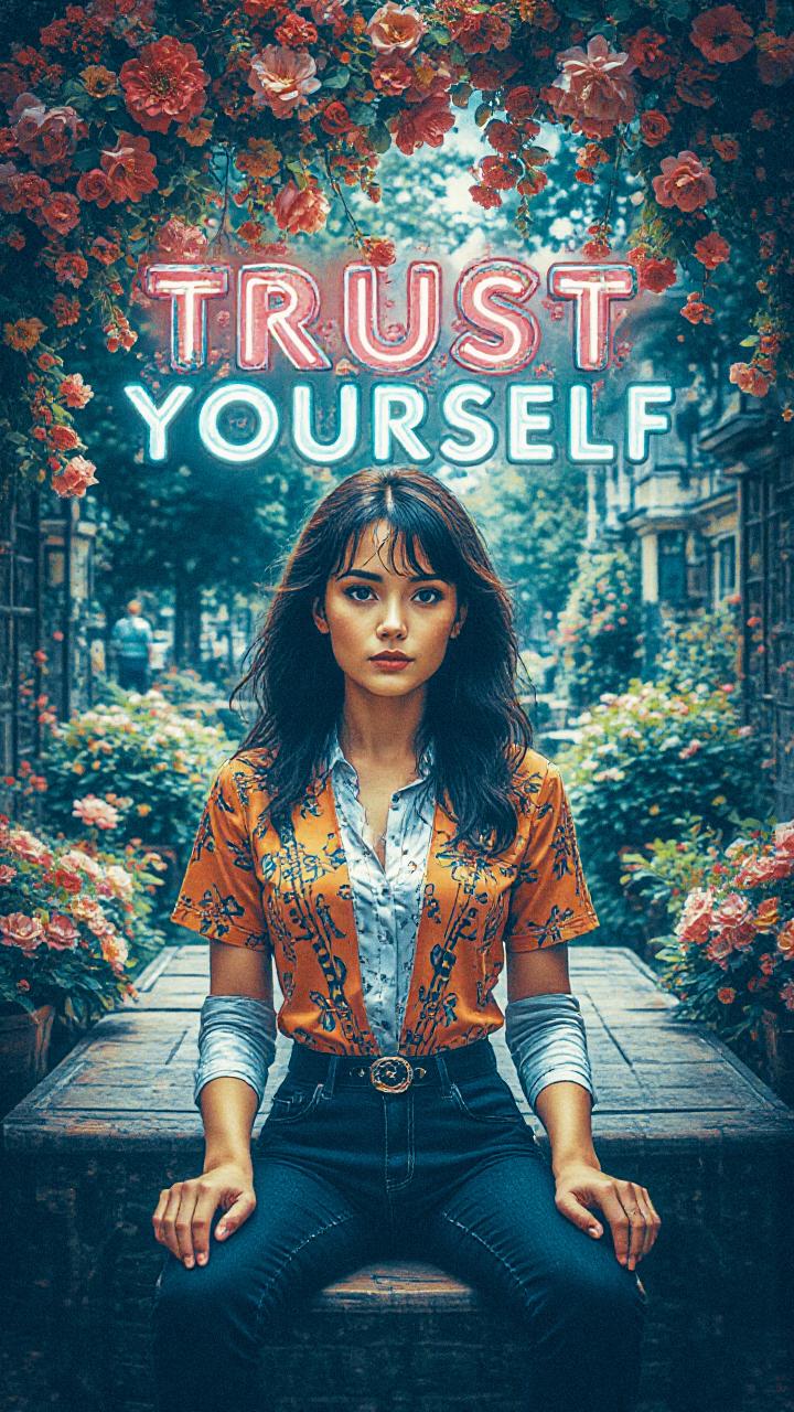 A bold fashionista stands in a floral garden beneath a "Trust Yourself" neon sign, pairing patterned shirt and jeans—a chic confidence bloom.