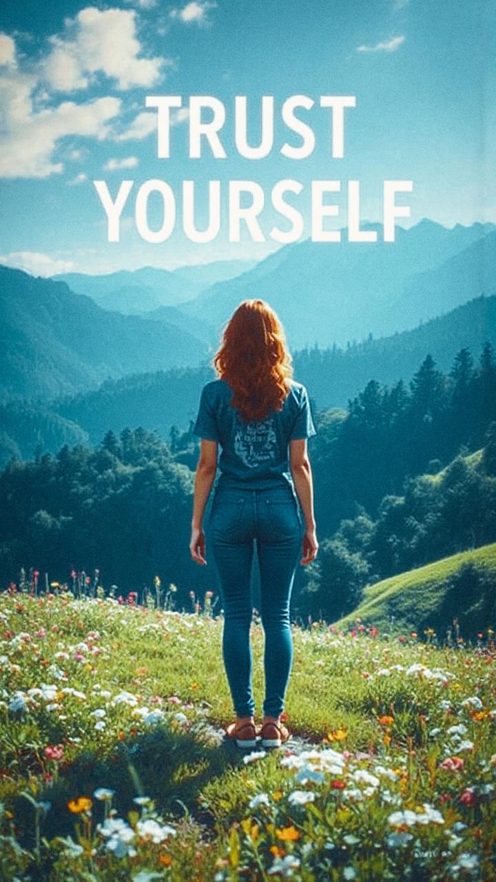 Amidst a vibrant field of wildflowers and set against distant mountains, a long-haired figure channels boho-chic style. "Trust Yourself" inspires from above.