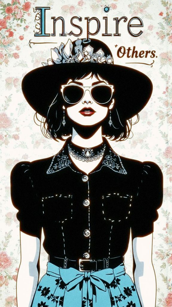 A chic trendsetter in a wide-brimmed hat, stylish sunglasses, and floral-embroidered shirt against a vibrant floral backdrop. "Inspire Others.