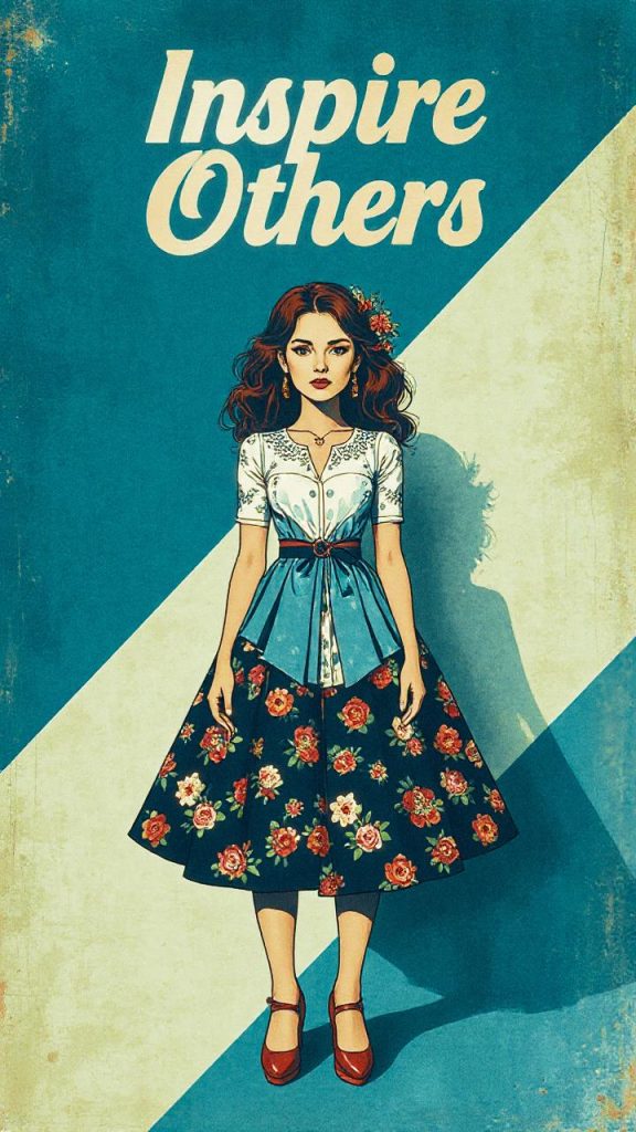 Retro fashion poster: A woman stands confidently in a floral skirt and blouse against a chic blue-and-white backdrop, with "Inspire Others" boldly stated above.